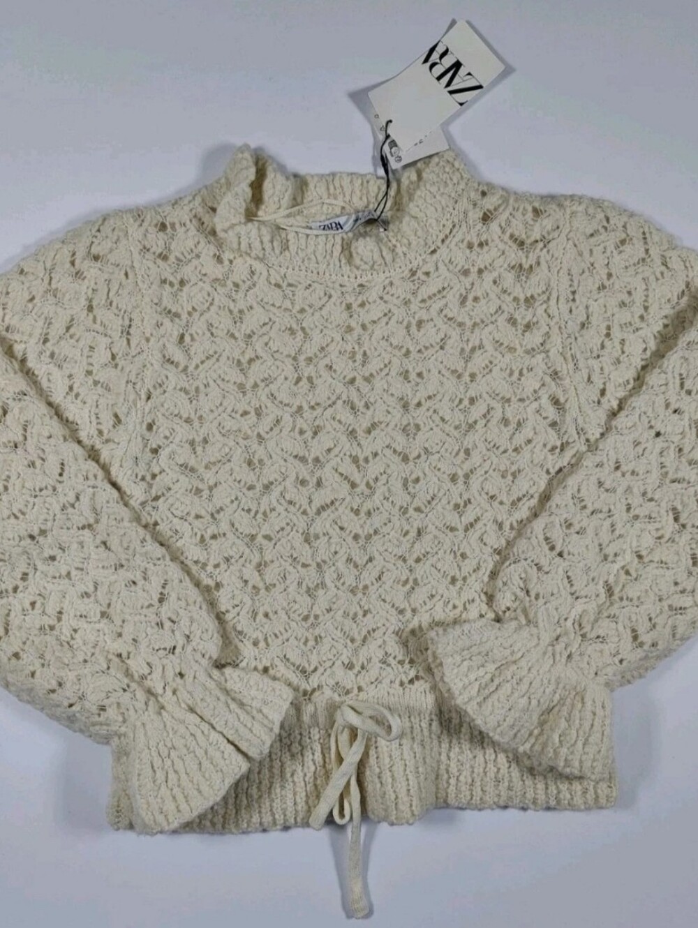 NWT Zara Women's Openwork Knit Cream Wool Blend Sweater Size S